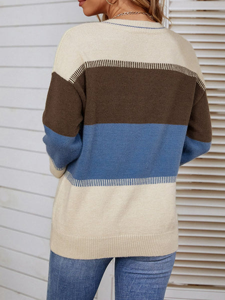 Color Block V-Neck Dropped Shoulder Tunic Sweater