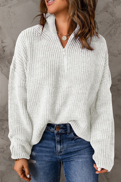 Half Zip Rib-Knit Dropped Shoulder Sweater