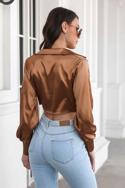 Satin Twist Front Lantern Sleeve Cropped Top