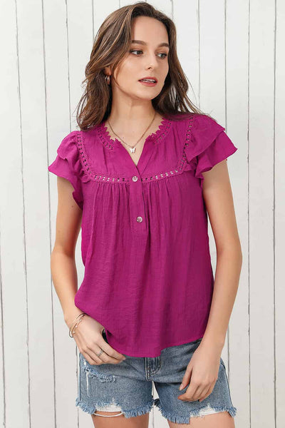 Notched Neck Buttoned Flutter Sleeve Blouse