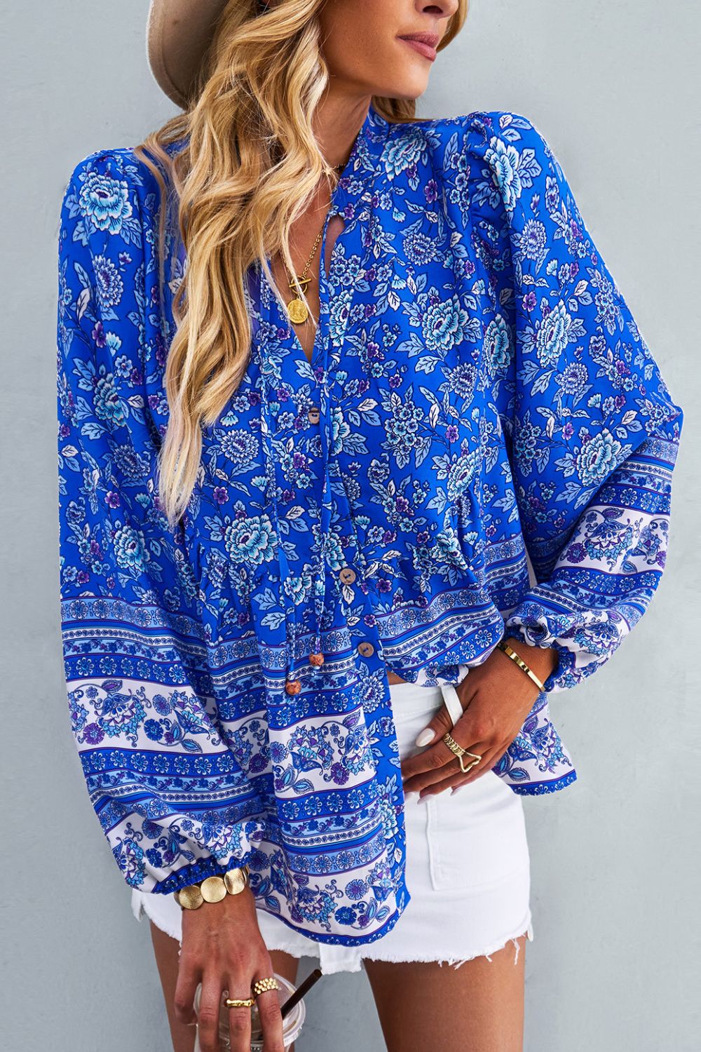 Bohemian Tie Neck Balloon Sleeve Top