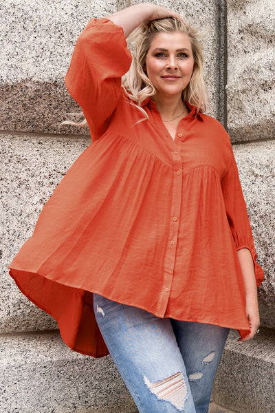 Plus Size Collared Balloon Sleeve Shirt