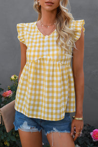 Gingham Flutter Sleeve Keyhole Top