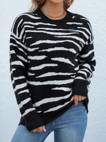Zebra Print Round Neck Dropped Shoulder Sweater