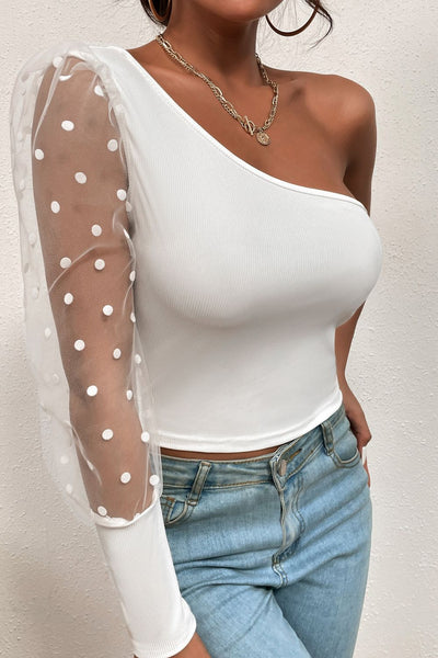 Polka Dot Spliced Mesh Sleeve Cropped Top