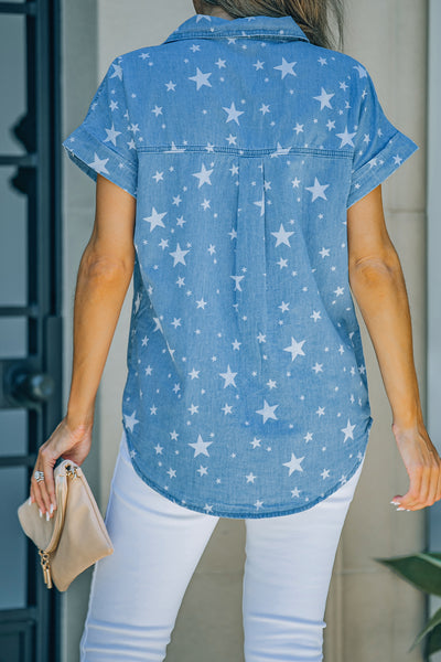 Star Print Button-Up Cuffed Short Sleeve Shirt