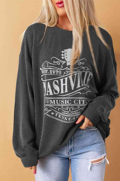 Ribbed Round Neck Long Sleeve Graphic Sweatshirt