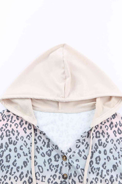 Leopard Color Block Buttoned Drawstring Detail Hoodie