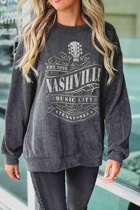 Ribbed Round Neck Long Sleeve Graphic Sweatshirt