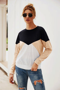 Color Block Round Neck Long Sleeve Top